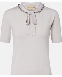 Valentino - Embellished Tie-Neck Virgin Wool Sweater - Lyst