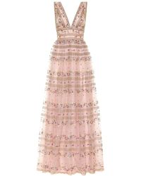 Costarellos Abito lungo in tulle con ricami - Rosa