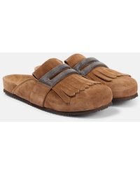 Brunello Cucinelli - Fringed Suede Slippers - Lyst