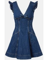 Self-Portrait - Bow-Detail Ruffled Denim Minidress - Lyst