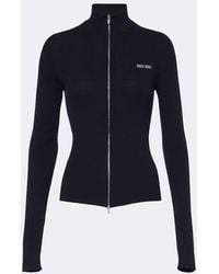 Miu Miu - Logo Ribbed-Knit Cotton Zip-Up Sweater - Lyst