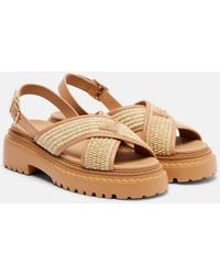 Prada - Leather-Raffia Crossover Platform Sandals 55 - Lyst