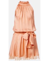 Poupette - Silvia Belted Lace-Trimmed Satin Minidress - Lyst
