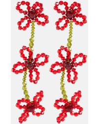 Simone Rocha Pendientes largos florales con cristales - Rojo