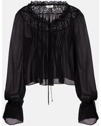 Chloé - Gathered Lace-Trimmed Silk Georgette Blouse - Lyst