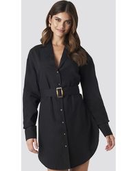 NA-KD Belted Oversized Linen Look Shirt Dress - Zwart