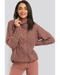 NA-KD High Neck Cable Knitted Ribbed Sleeve Sweater - Roze