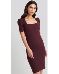 NA-KD Ribbed Puff Sleeve Dress - Rot