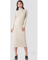 NA-KD Trend High Neck Ribbed Ankle Length Knitted Dress - Natur