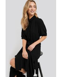NA-KD Puff Sleeve Belted Midi Dress - Zwart