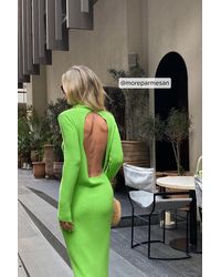 NA-KD Green Knitted Asymmetric Open Back Maxi Dress