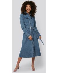 NA-KD Trend Belted Denim Shirt Dress - Blau