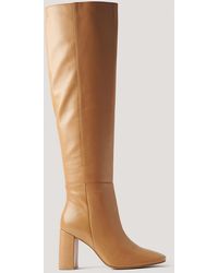 NA-KD Beige Knee High Leather Boots - Brown