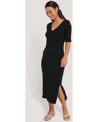 NA-KD Basic Ribbed V-Neck Jersey Midi Dress - Schwarz