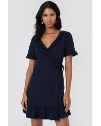 NA-KD Boho Wrap Over Frill Linen Look Dress - Blau