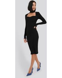 NA-KD Cut Out Turtle Neck Ribbed Midi Dress - Zwart