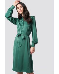 NA-KD Balloon Sleeve Ruffle Shoulder Midi Dress - Grün