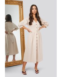 NA-KD Belted Balloon Sleeve Dress - Natur