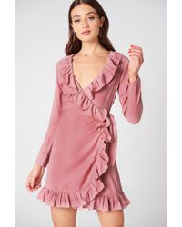 NA-KD Boho Long Sleeve Wrap Frill Dress - Pink