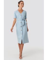 NA-KD Belted Puff Sleeve Midi Dress - Blauw