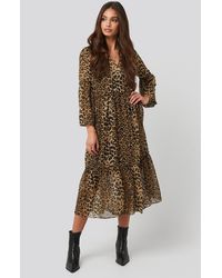 NA-KD Boho Leo Balloon Sleeve Dress - Braun