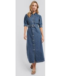 NA-KD Puff Sleeve Belted Denim Dress - Blauw