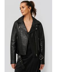 NA-KD Oversized Belted Leather Jacket - Zwart