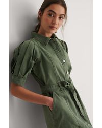NA-KD Organisch Denimjurk Met Open Zoom En Pofmouwen - Groen