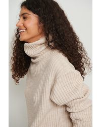NA-KD Beige Ribbed Knitted Turtleneck Side Slit Sweater - Natural