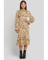 NA-KD Ballon Sleeve Gathered Midi Dress - Naturel