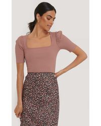 NA-KD Ribbed Puff Short Sleeve Top - Pink