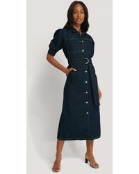NA-KD Trend Puff Sleeve Belted Denim Dress - Blau
