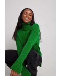 NA-KD Ribbed Knitted Turtleneck Side Slit Sweater - Green