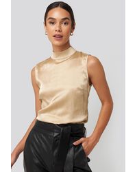 NA-KD Trend High Neck Structured Satin Top - Natur