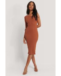 NA-KD Trend One Shoulder Ribbed Midi Dress - Orange