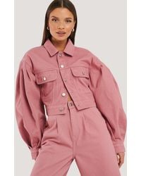 NA-KD Pink Puff Sleeve Oversized Denim Jacket