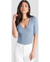 NA-KD Basic Ribbed Short Sleeve V-neck Top - Blau