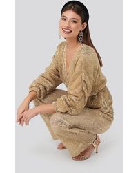 NA-KD Balloon Sleeve V-neck Sequin Blouse Gold - Metallic