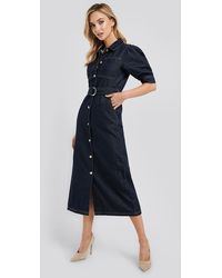 NA-KD Puff Sleeve Belted Denim Dress - Bleu