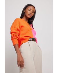 NA-KD Multicolor V-necked Knitted Block Color Sweater - Orange
