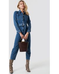 NA-KD Waist Belt Denim Jumpsuit - Bleu