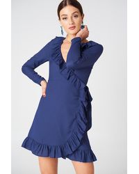 NA-KD Boho Long Sleeve Wrap Frill Dress - Blau