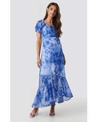 NA-KD Tie Dye Puff Sleeve Maxi Dress - Blauw