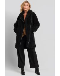 NA-KD Biker Long Teddy Coat - Zwart