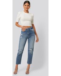 NA-KD Versleten Jeans Met Hoge Taille - Blauw