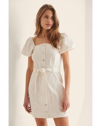 NA-KD White Puff Sleeve Belted Dress