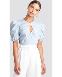 NA-KD Trend Short Puff Sleeve Keyhole Front Blouse - Blau