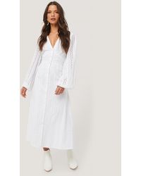 NA-KD Boho Balloon Sleeve Anglaise Midi Dress - Weiß