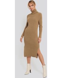 NA-KD Recycled Turtle Neck Split Hem Sweater Dress - Braun