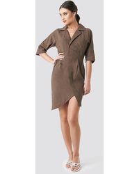 NA-KD Trend Linen Look Raglan Sleeve Shirt Dress - Braun